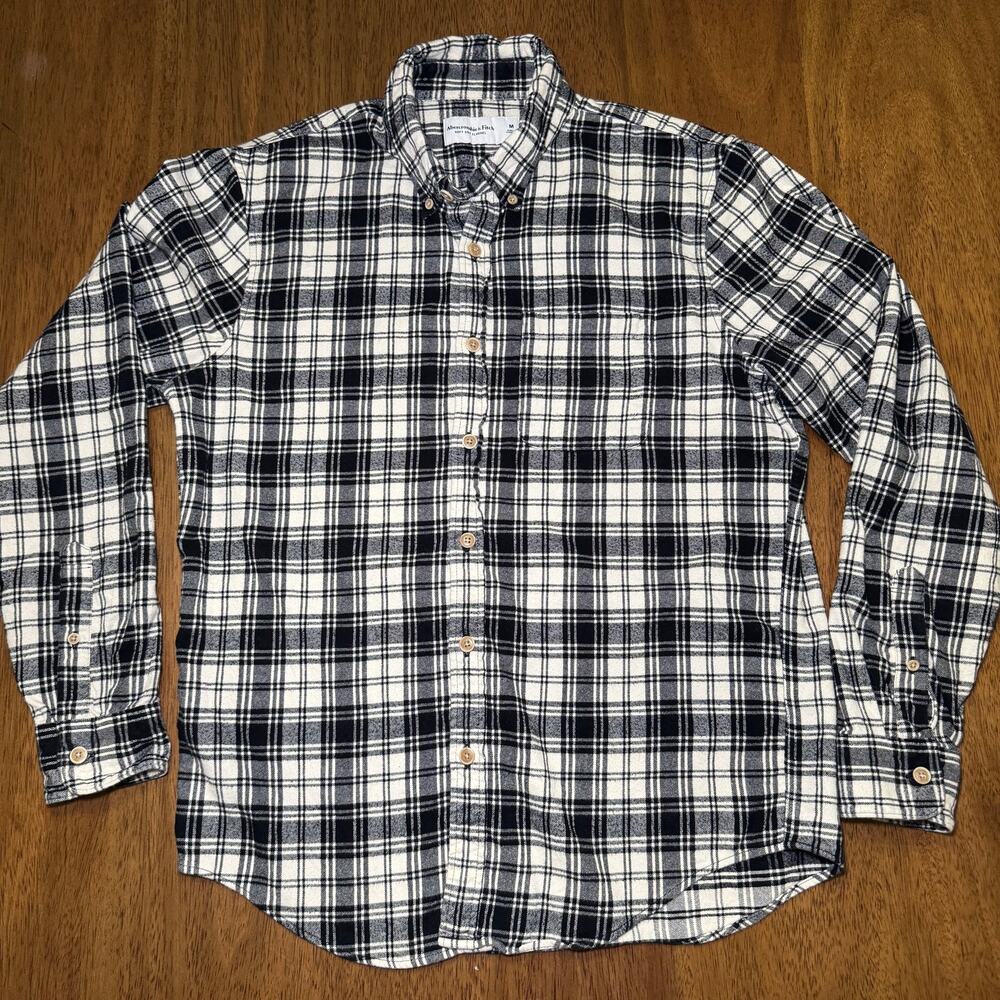Abercrombie & Fitch Soft A&F Flannel Mens M Black White Plaid Button Down Shirt